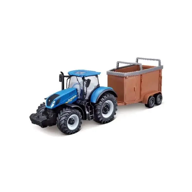 BURAGO Tractor w/livestock trailer N.H. T7.615 10cm blue