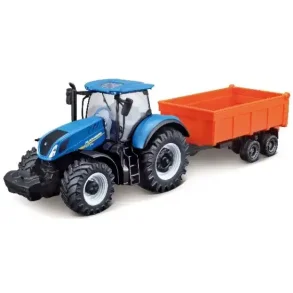 BURAGO Tractor w/livestock trailer N.H. T7.615 10cm blue