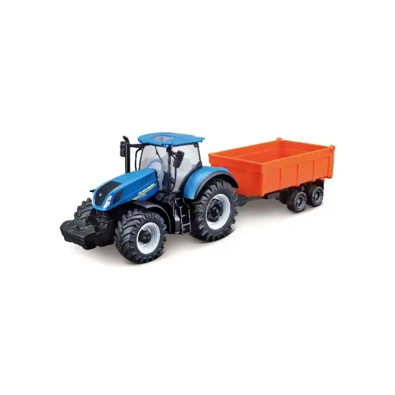 BURAGO Tractor w/livestock trailer N.H. T7.615 10cm blue